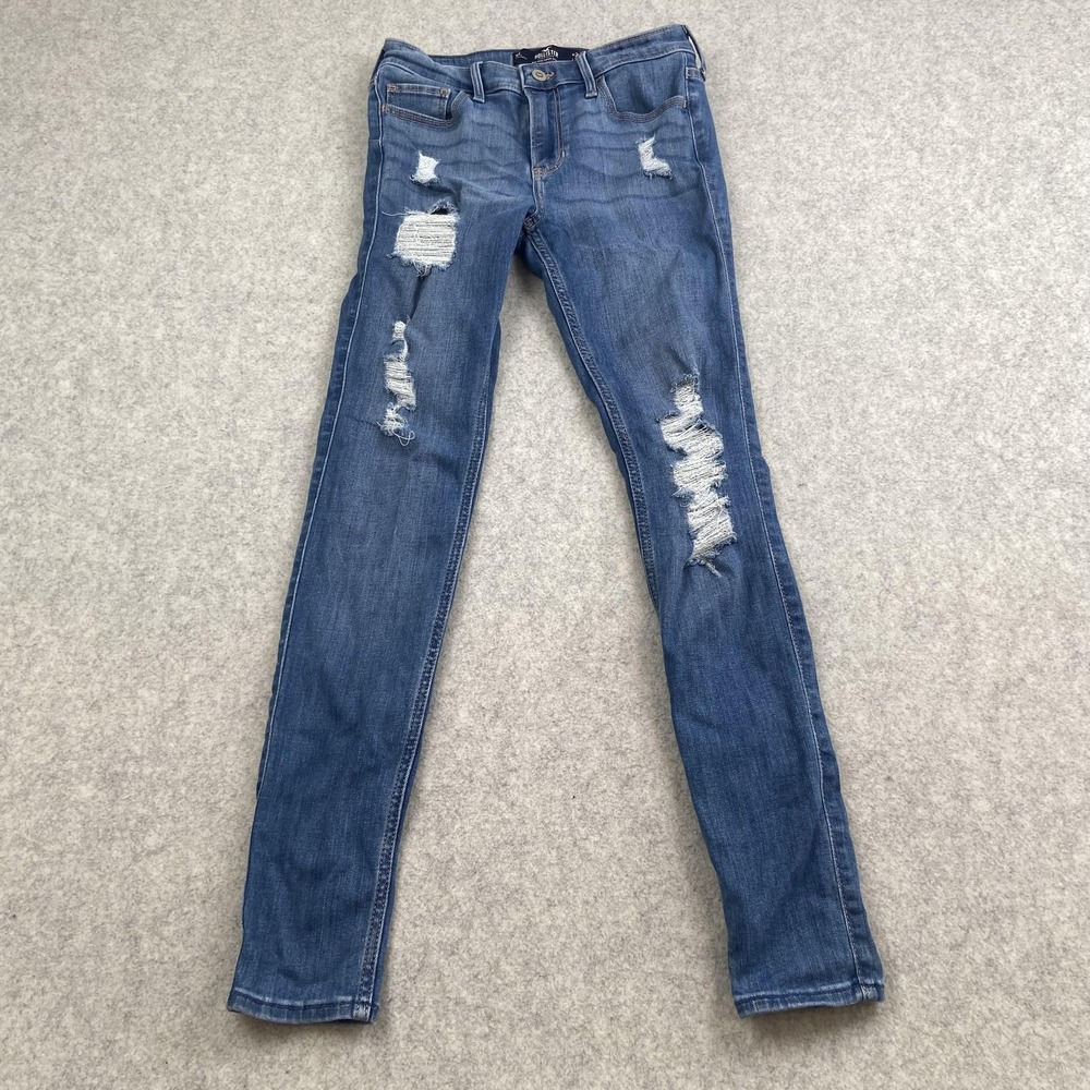 Hollister Mid-Rise Super Skinny Jeans Juniors 3R 25x27 Blue Med Wash Distressed